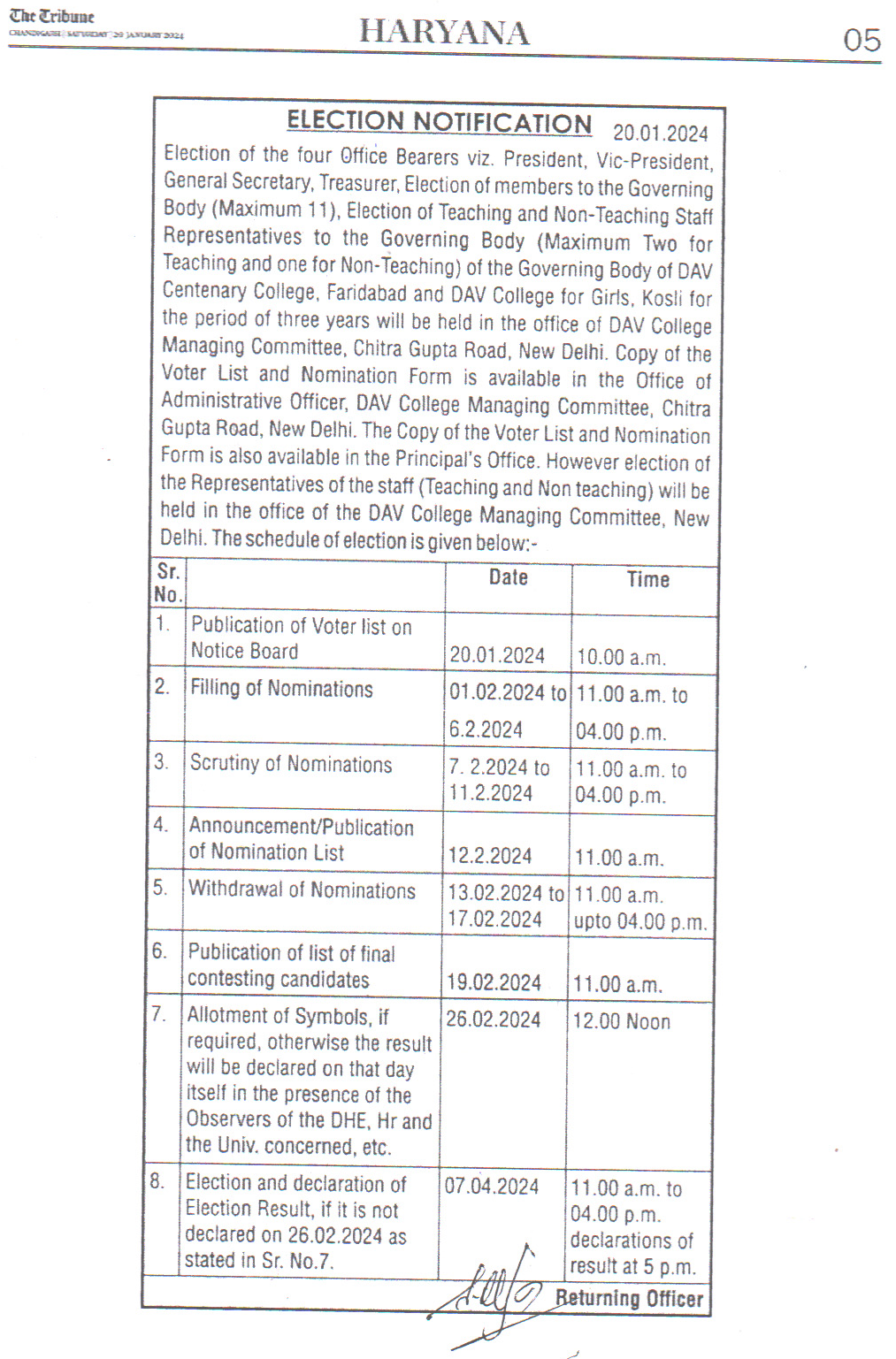 Notification for Election of DAV Girls College Kosli Governing Body